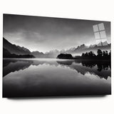Acrylic glass wall art piece showcasing a serene landscape with tranquil lakes and lush greenery, displayed from a side view without pins, ideal for modern home decor.