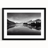 Framed black wall art featuring a serene lake landscape design with a mat, perfect for modern decor, emphasizing tranquility and nature.