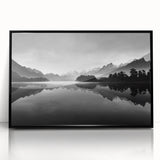 Framed acrylic wall art showcasing a serene lake landscape design with vibrant colors, set in a sleek black frame, perfect for modern home decor.