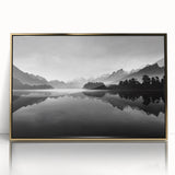Framed acrylic wall art showcasing a serene lake landscape design with rich gold accents, perfect for adding elegance to any room decor.