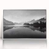 Framed acrylic wall art showcasing a serene lake landscape with vibrant colors, perfect for home decor, displayed in a white frame for a modern touch.