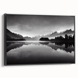 Framed canvas wall art featuring a serene lakeside landscape with vibrant colors, displayed in a sleek black frame, ideal for enhancing modern home decor.