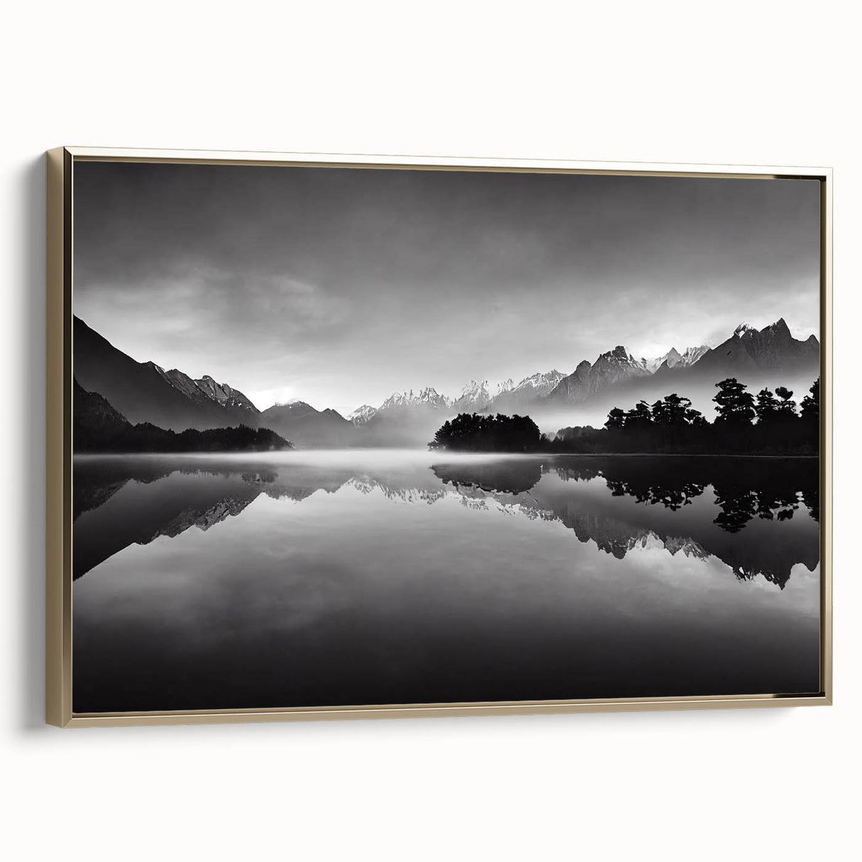 Framed canvas wall art showcasing a serene lakeside landscape with vibrant colors and gold accents, adding an elegant touch to modern decor. Ideal for nature lovers seeking home inspiration.