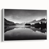 Framed canvas wall art showcasing a serene lakeside landscape with vibrant colors and intricate details, set against a white background, ideal for home decor.