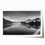 Serene landscape wall art print showcasing a tranquil lake scene surrounded by lush greenery and mountains, designed for home decor enthusiasts. The rolled print is perfect for framing, adding a touch of nature-inspired elegance to any room.