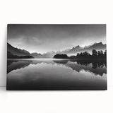 Stretched canvas artwork showcasing a serene lake landscape with vibrant blue waters and lush green trees, designed for modern home decor. Ideal for nature enthusiasts.