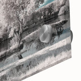 Close-up of a vibrant landscape wall art piece featuring serene lakes and abstract designs, printed on acrylic glass, ideal for modern home decor.