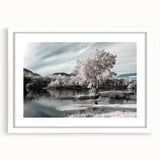 Framed wall art collection featuring serene lake landscapes, displayed in a sleek white frame with a mat, perfect for home decor or office settings.
