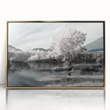 Framed wall art featuring a serene lake landscape with vibrant colors and gold acrylic frame, perfect for enhancing modern home decor aesthetics. This piece adds a touch of tranquility to any living space.