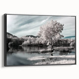 Framed canvas wall art featuring a serene lake landscape design with vibrant colors, displayed in a black frame, showcasing a side view for aesthetic appeal.