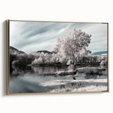 Framed wall art featuring a serene lakeside landscape design, elegantly displaying gold accents and a textured canvas surface, perfect for home decor.