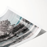 Rolled print of a serene lake landscape art piece showcasing vibrant blues and greens, capturing the tranquil beauty of nature, ideal for home decor accents.