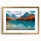 Framed landscape wall art collection showcasing serene lakes and natural scenery, featuring a gold mat and a stylish frame, perfect for home decor.