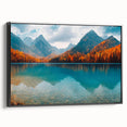 Framed canvas wall art showcasing a serene lake landscape with vibrant colors, set against a sleek black frame, perfect for enhancing home decor.