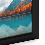 Framed canvas art showcasing a serene lake landscape with vibrant colors and intricate details, perfect for enhancing home decor and creating a calming atmosphere.