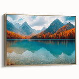 Framed canvas artwork showcasing a serene lake landscape with vibrant colors and gold accents, perfect for home decor. Side view highlights the elegant frame design.