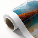 Serene landscape wall art featuring a tranquil lake scene reflected on water, with vibrant trees and a clear blue sky, perfect for home decor enhancement.