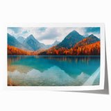 Serene landscape wall art print featuring a tranquil lake surrounded by lush greenery and mountains, rolled and ready for framing or display.