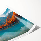 Rolled print of a serene lake landscape, showcasing vibrant blues and greens with lush trees reflecting on the water, perfect for home decor.