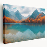 Stretched canvas wall art showcasing a serene lakeside landscape with vibrant colors and detailed scenery, perfect for enhancing home decor and creating a calming atmosphere.