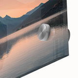 Close-up of a vibrant acrylic glass wall art piece showcasing a serene lake landscape design, featuring rich blues and greens, perfect for modern home decor.