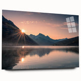 Acrylic glass wall art collection showcasing a serene lake landscape in vibrant colors, displayed in a side view without pins, perfect for modern decor.