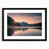 Framed landscape wall art featuring serene lake and mountain scenery, enclosed in a sleek black frame with a white mat, perfect for modern decor.