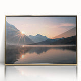Framed acrylic wall art showcasing a serene lake landscape with gold accents, designed to enhance modern decor in living spaces or offices. Ideal for nature enthusiasts.