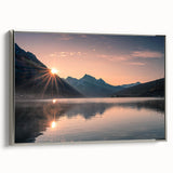 Framed canvas wall art showcasing a serene lakeside landscape with vibrant colors and a silver frame, perfect for enhancing any modern decor.