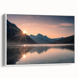 Framed canvas wall art showcasing a serene lake landscape, featuring soft blue and green hues set against a white frame, perfect for home decor and nature lovers.