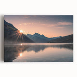 Stretched canvas wall art featuring a serene lake landscape, showcasing vibrant blues and greens with reflective water, perfect for home decor and nature enthusiasts.