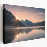 Stretched canvas wall art depicting serene lake landscapes in vibrant colors, showcasing reflections of trees and sky, perfect for home decor.