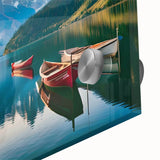 Close-up of a vibrant acrylic glass wall art piece showcasing serene lake landscapes, featuring rich colors and intricate details, perfect for home decor.