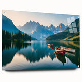 Acrylic wall art showcasing a serene landscape with a lake, framed in glass and displayed from a side view, highlighting its vibrant colors and intricate design. Ideal for modern home decor and artistic interiors.