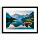 Framed wall art featuring a serene landscape of a lake surrounded by mountains, with a sleek black frame and white mat. Ideal for modern home decor.