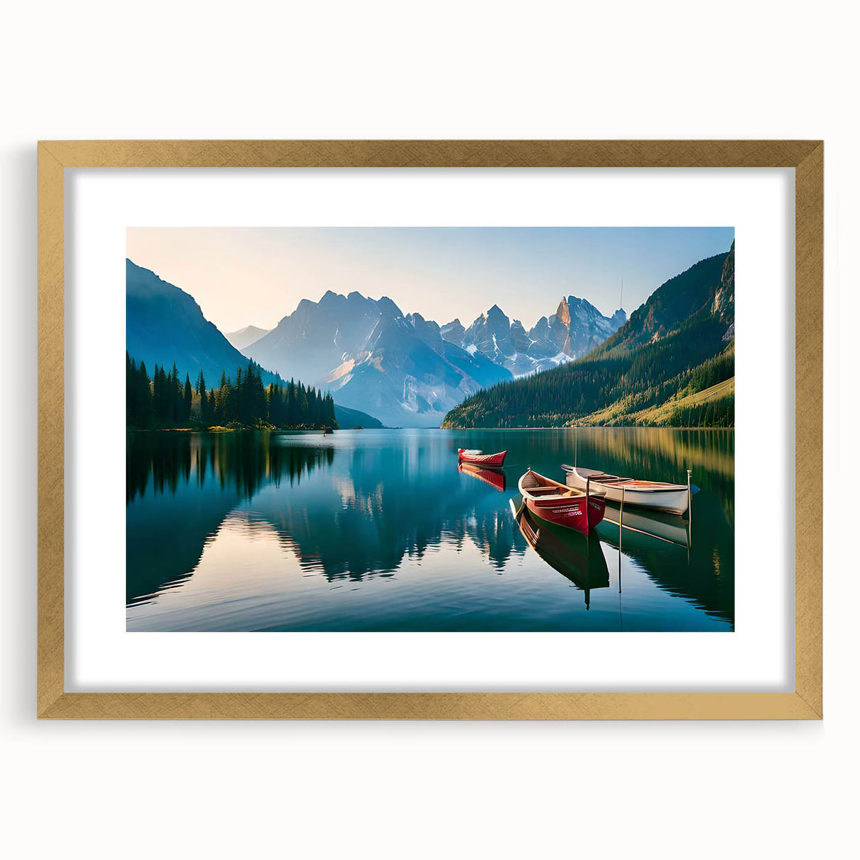 Framed wall art collection showcasing serene landscapes and lakes in a gold mat, enhancing home decor with a touch of elegance and nature's beauty. Perfect for any interior design theme.