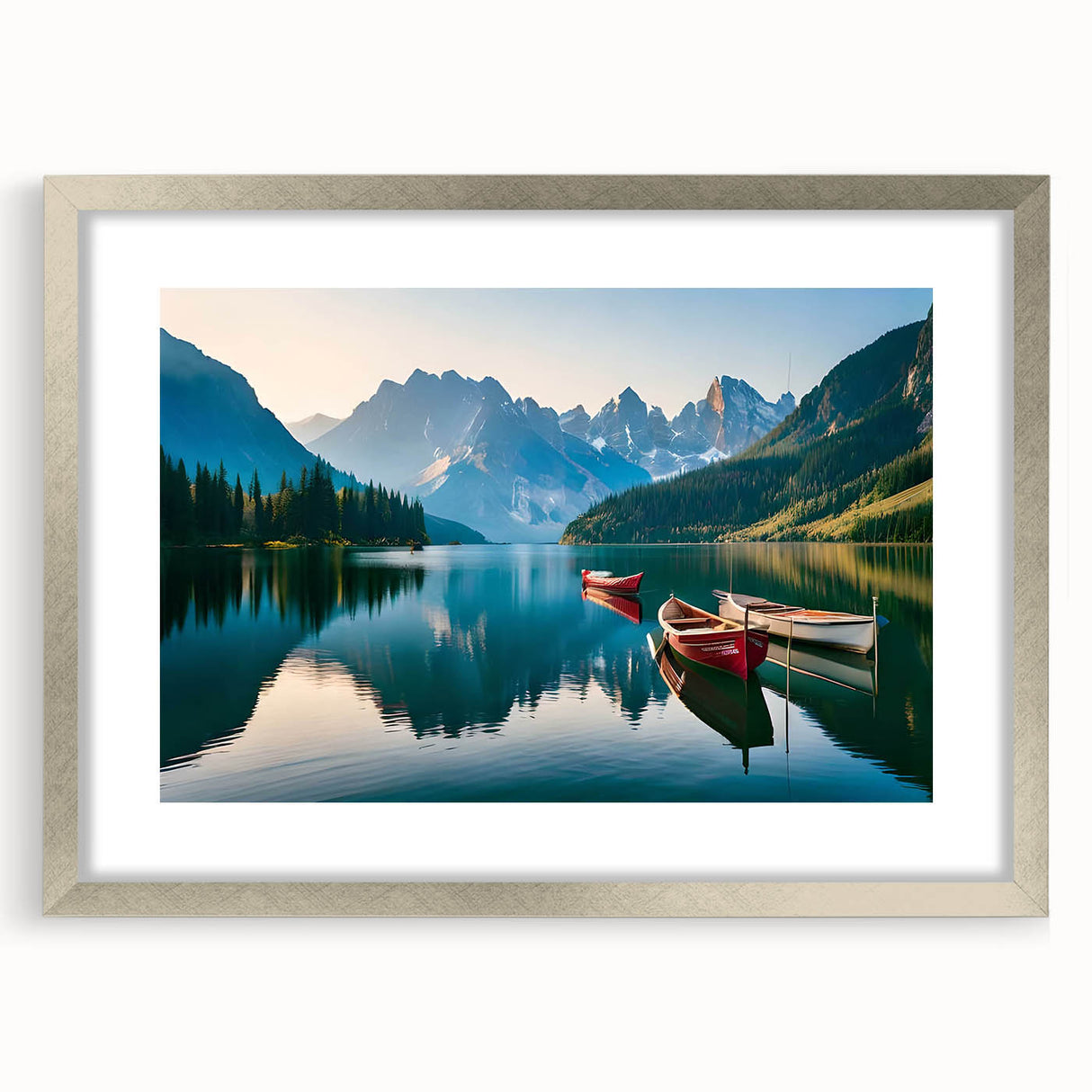 Framed wall art collection showcasing serene lake landscapes with a silver mat and frame, perfect for enhancing modern home decor and creating a calming atmosphere.
