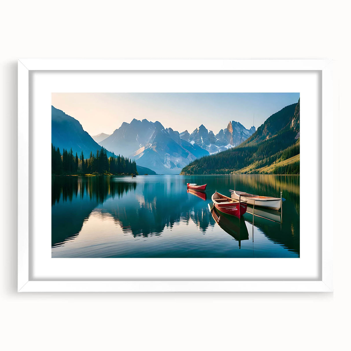 Framed wall art showcasing a serene lake landscape design, featuring a white mat and frame, perfect for enhancing modern home decor. Ideal for nature lovers.
