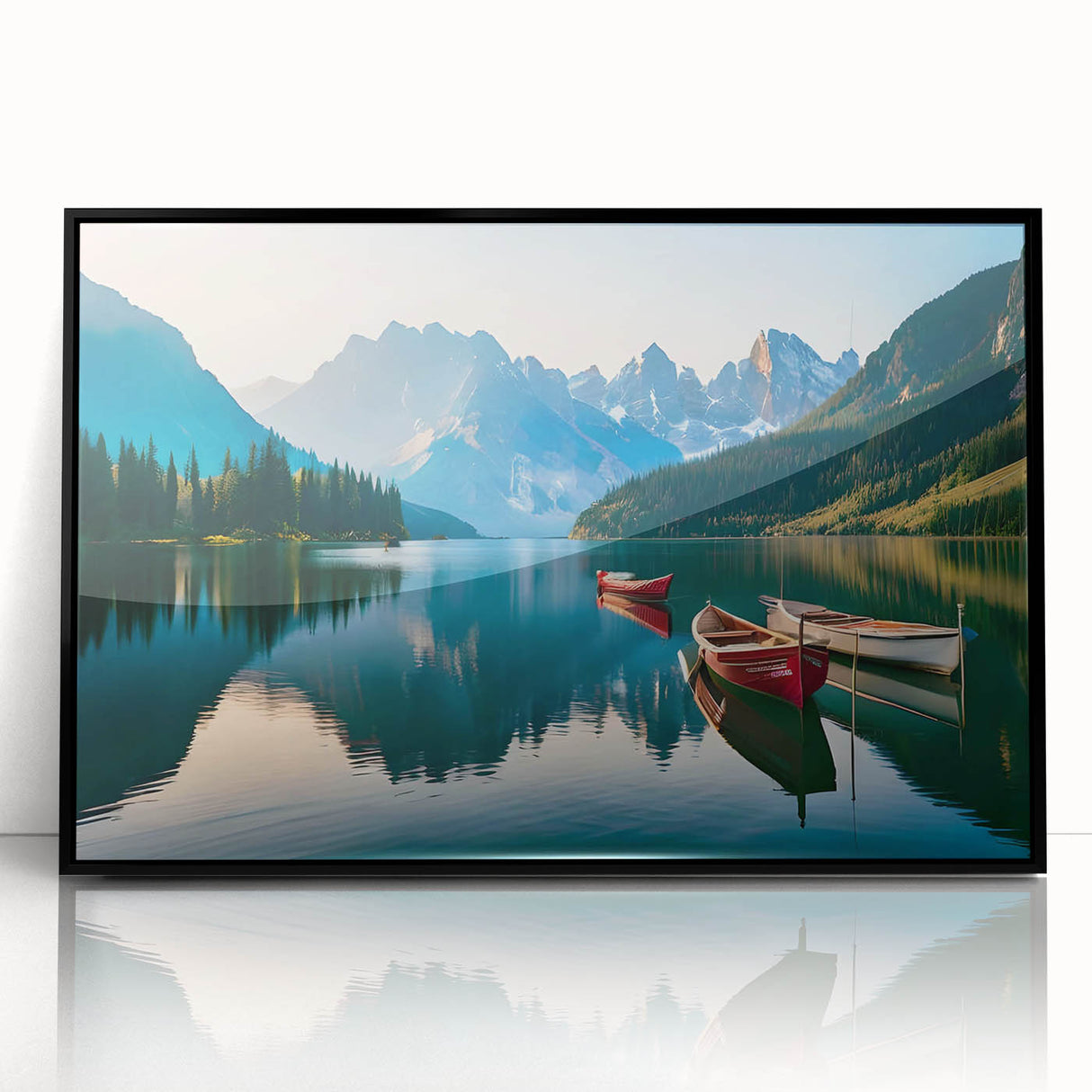 Framed acrylic wall art showcasing a serene lake landscape design, featuring vibrant colors and a sleek black frame, ideal for modern home decor.