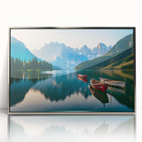 Framed wall art featuring a serene landscape of a lake, surrounded by lush greenery, with a sleek silver acrylic frame, perfect for enhancing home decor.