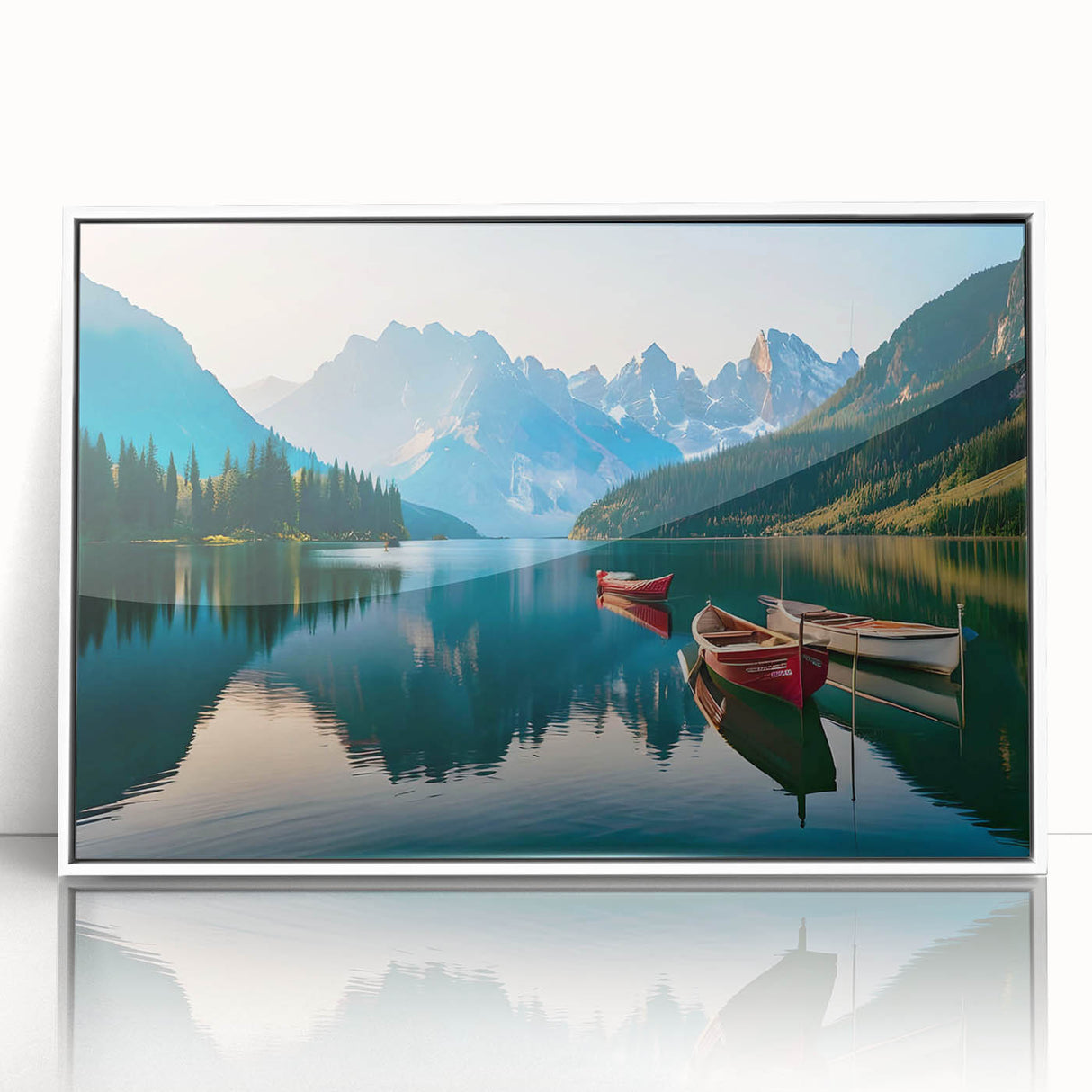 Framed acrylic wall art featuring serene lake landscapes in a minimalist white frame, perfect for modern home decor, enhancing tranquility and elegance.