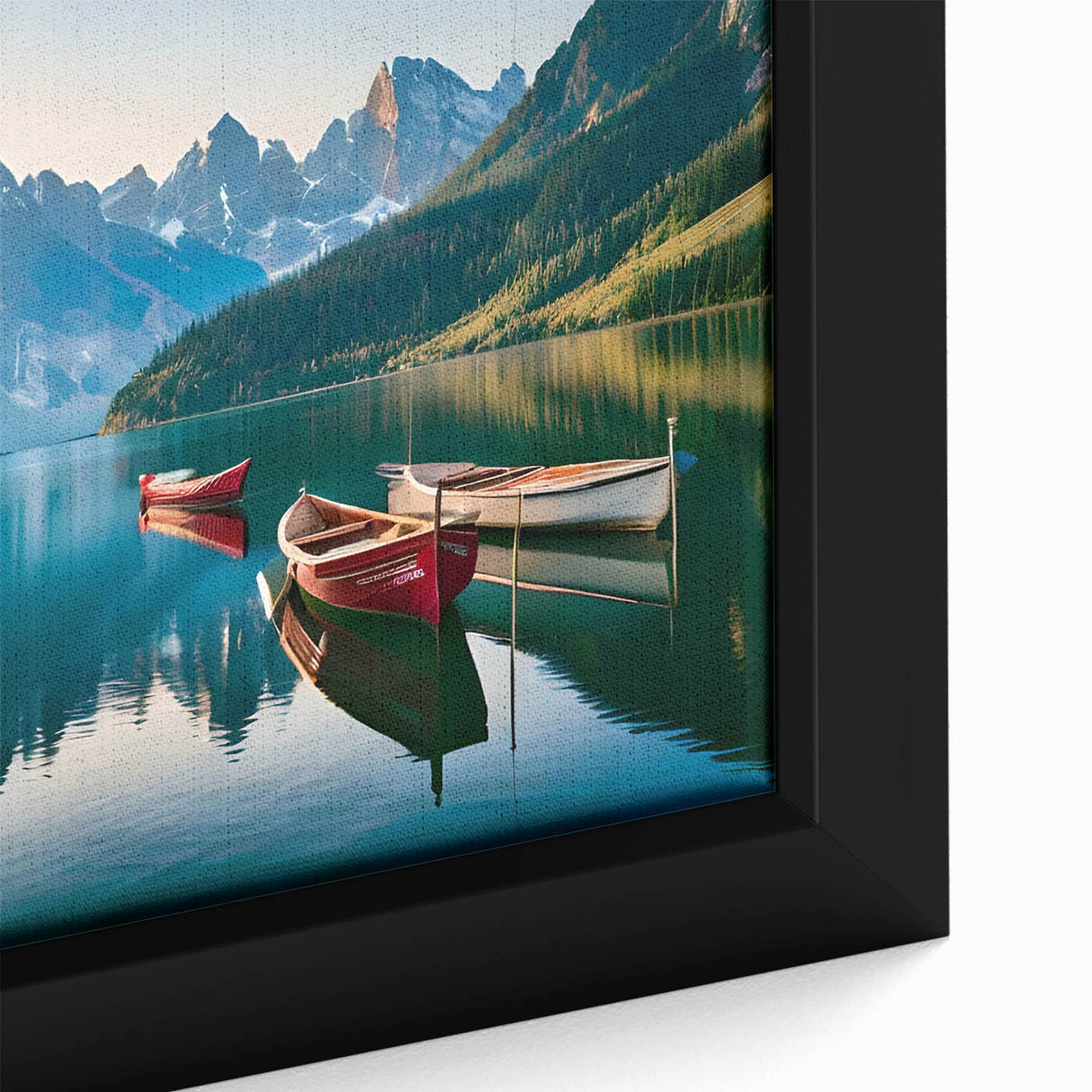 Framed canvas art showcasing a serene lakeside landscape in vibrant colors, ideal for home decor. The close-up highlights intricate details of the natural scenery.