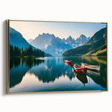 Framed wall art depicting serene lake landscapes, showcasing vibrant blues and greens, with a stylish gold frame, perfect for enhancing home decor.