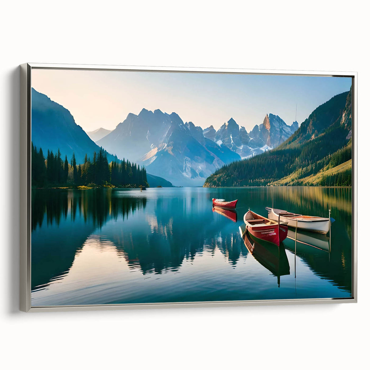 Framed wall art featuring a serene lake landscape with vibrant colors, elegant silver frame, showcasing nature's beauty in a modern decor style. Ideal for home or office aesthetics.