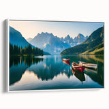 Framed canvas wall art showcasing a serene lake landscape with vibrant colors, set against a white background, ideal for home decor and interior design.