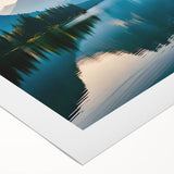 Rolled canvas artwork showcasing a serene lake landscape with lush greenery and a vibrant blue sky, presented in a protective cardboard tube for easy transport.
