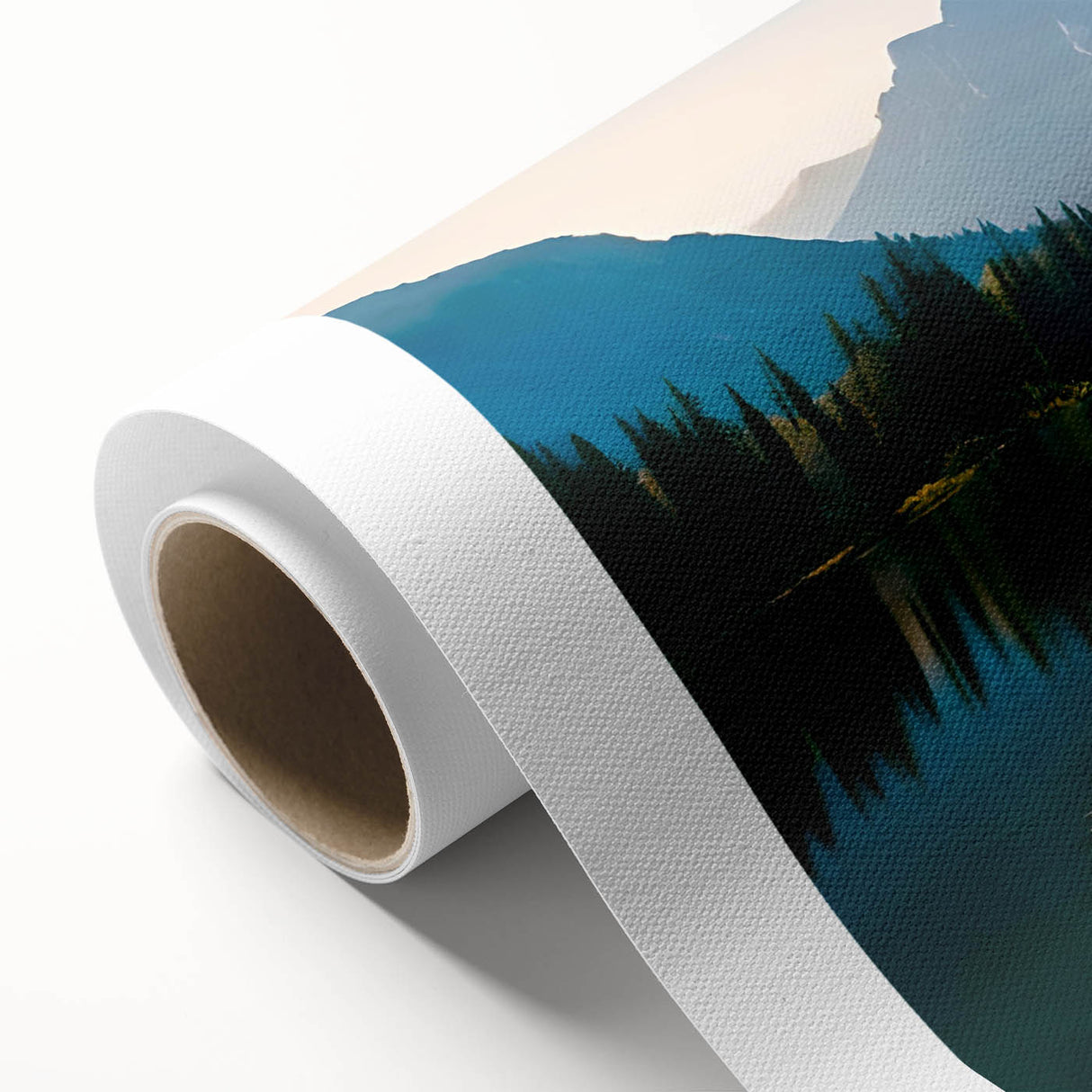 Lakeside landscape wall art on rolled canvas showcasing serene blue water, lush greenery, and vibrant sunset colors, ideal for home decor and tranquility.
