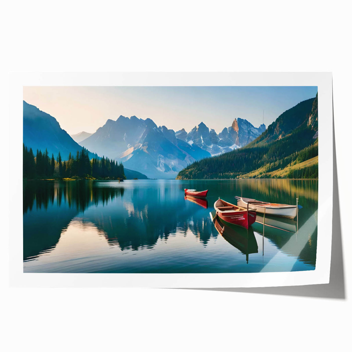 Stunning rolled print showcasing a serene lakeside landscape with vibrant colors, ideal for home decor. Packaged securely in a protective cardboard tube.