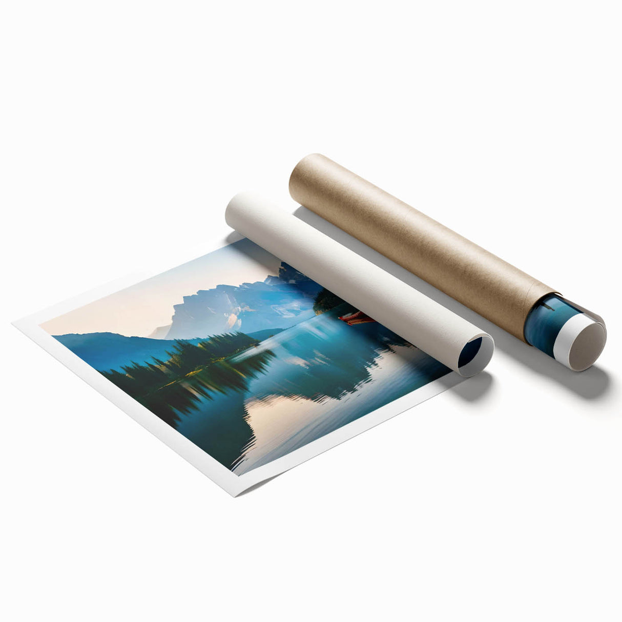 Rolled print showcasing serene lake landscape art with vibrant colors and intricate details, ideal for home decor, elegantly packaged in a protective tube.