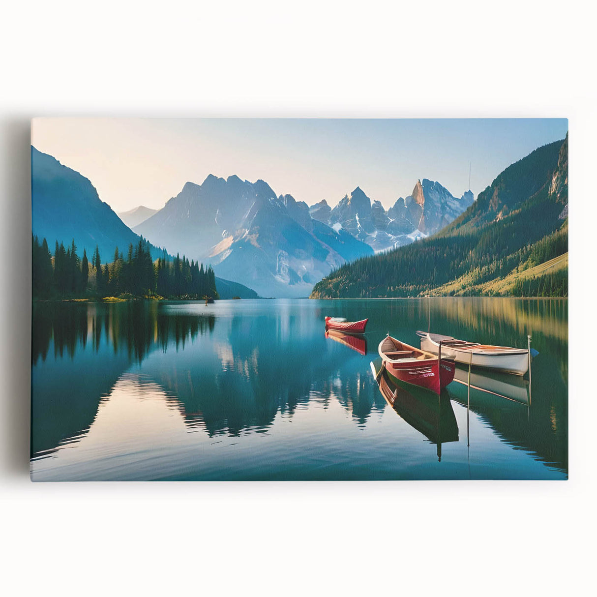 Stretched canvas wall art showcasing a serene lakeside landscape with vibrant colors and detailed reflections, perfect for home decor or office spaces.